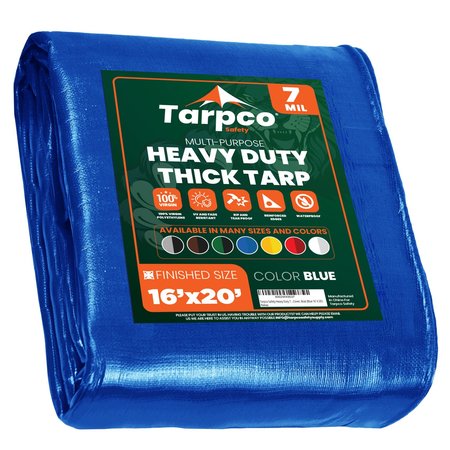 TARPCO SAFETY 16 ft x 20 ft Heavy Duty 7 Mil Tarp, Blue, Polyethylene, Waterproof, Rip and Tear Proof TS-205-16X20